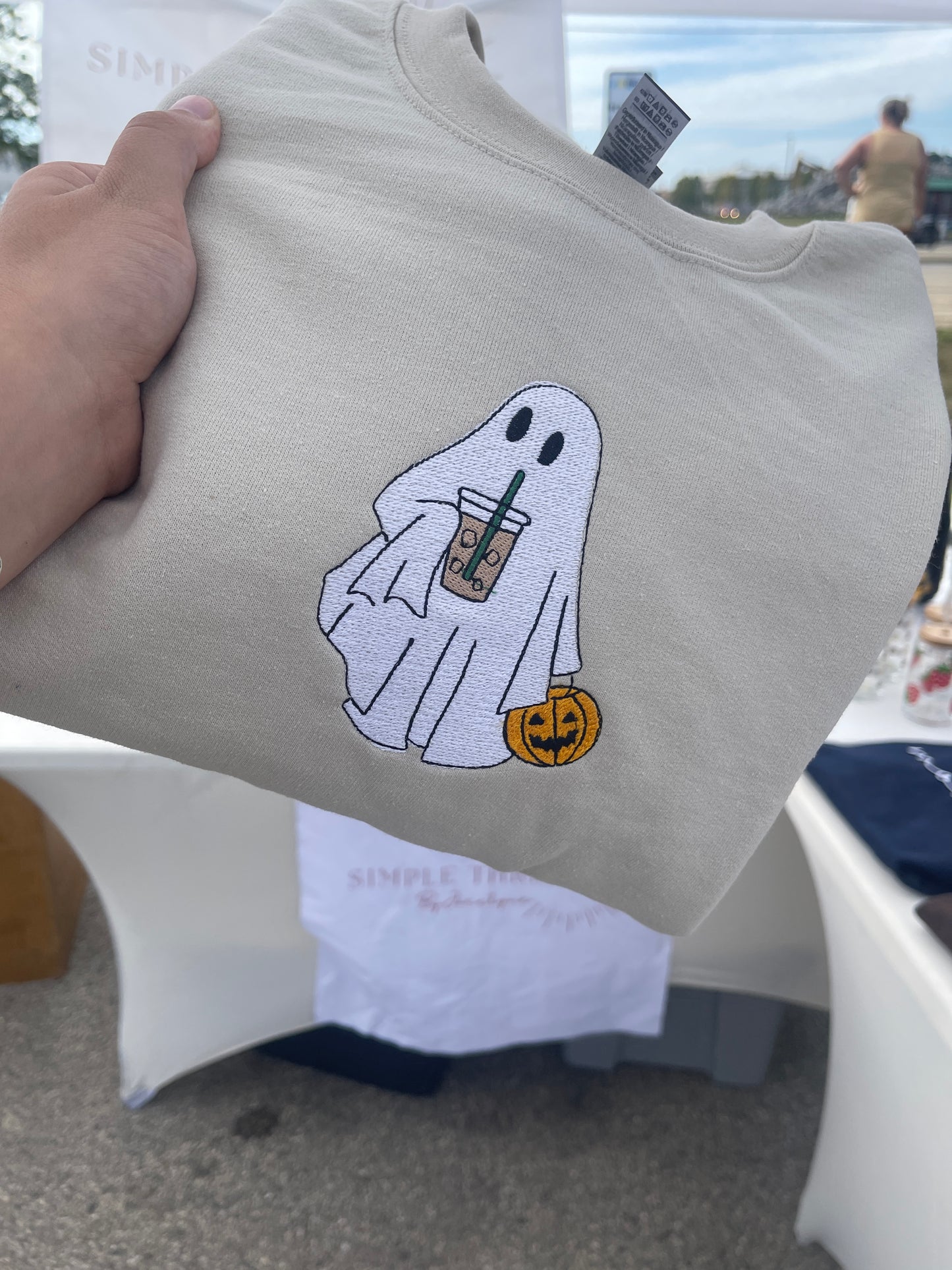 Ghost with iced coffee embroidered crewneck