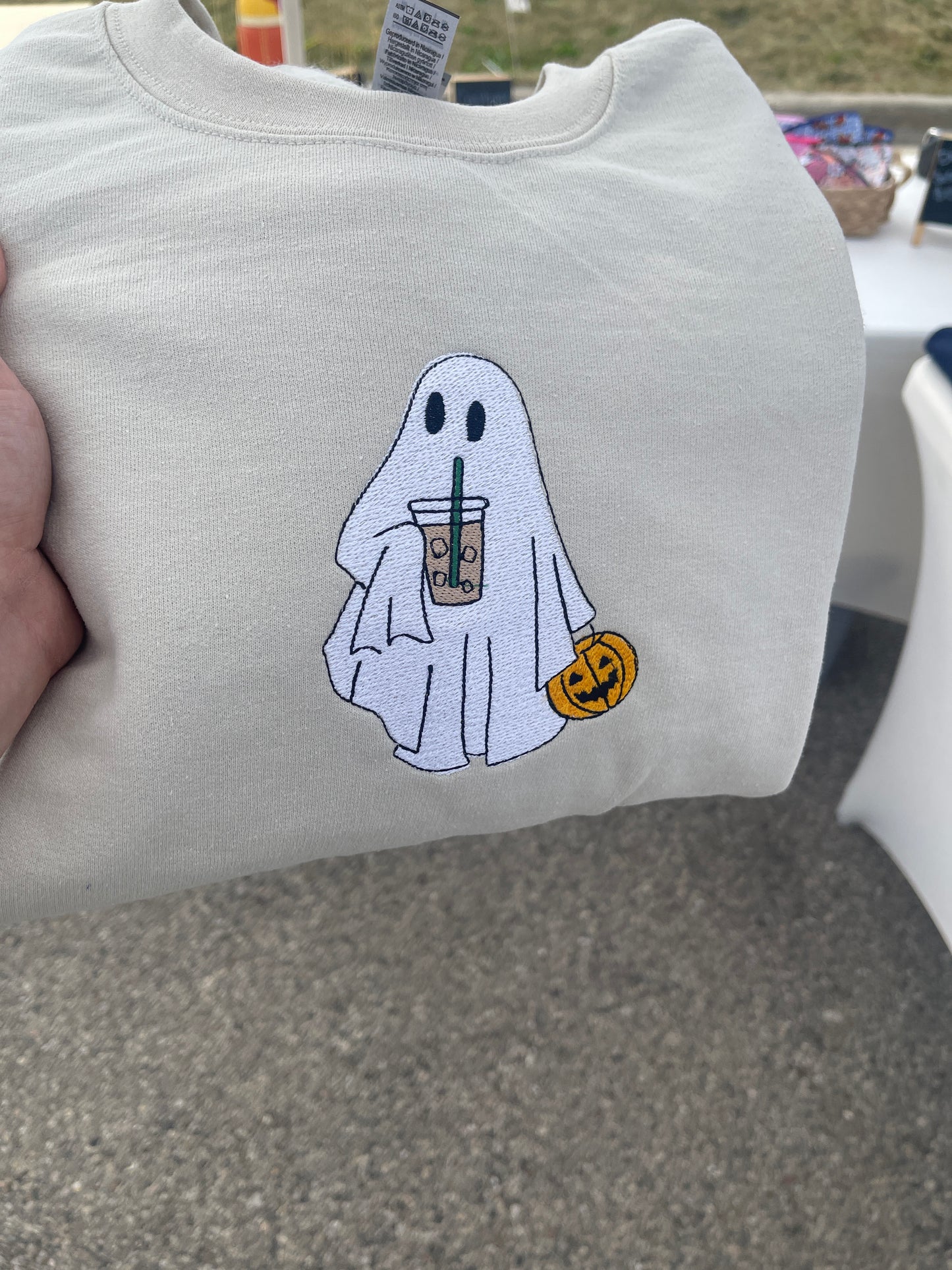 Ghost with iced coffee embroidered crewneck