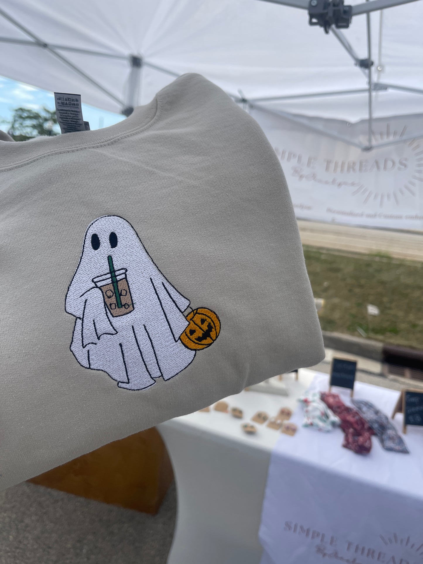 Ghost with iced coffee embroidered crewneck
