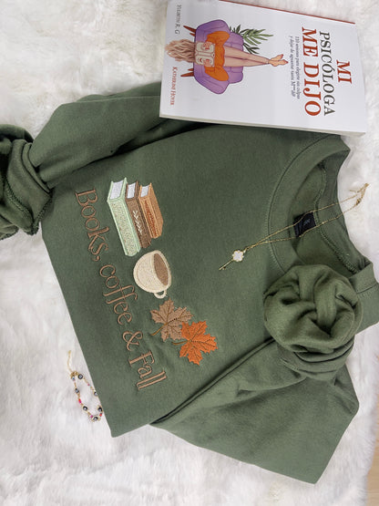 Books,coffee & fall embroidered crewneck