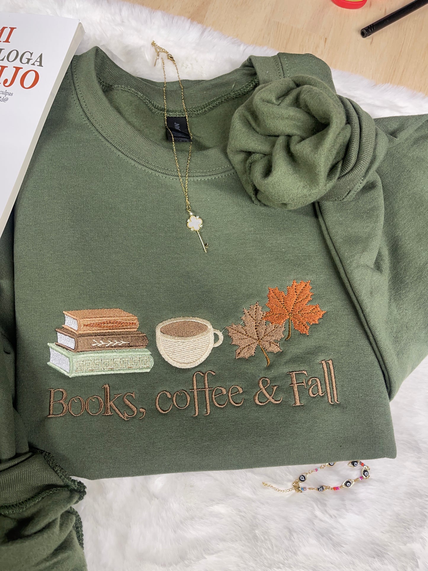 Books,coffee & fall embroidered crewneck