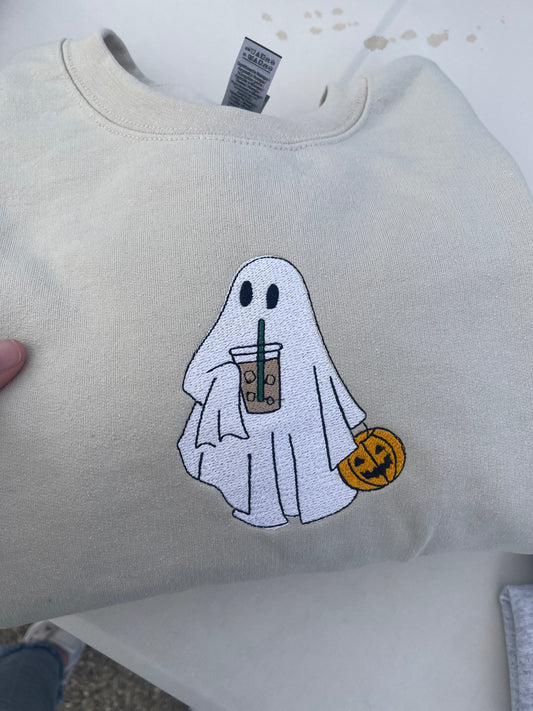 Ghost with iced coffee embroidered crewneck