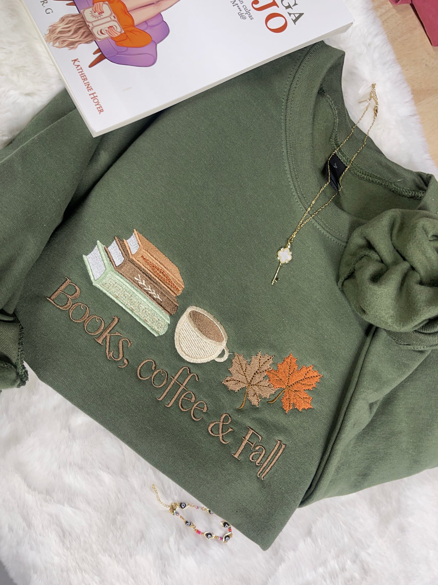 Books,coffee & fall embroidered crewneck