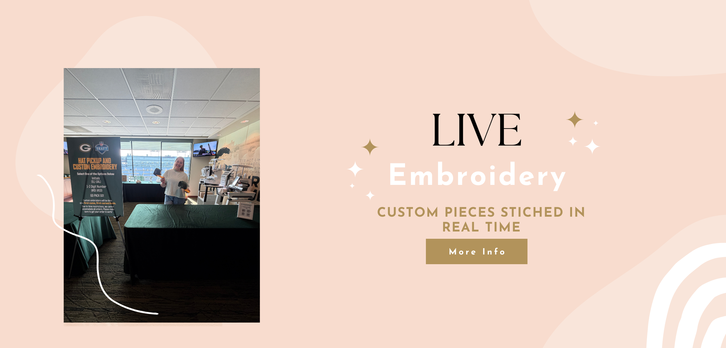 Live embroidery demonstration with text on a pink background