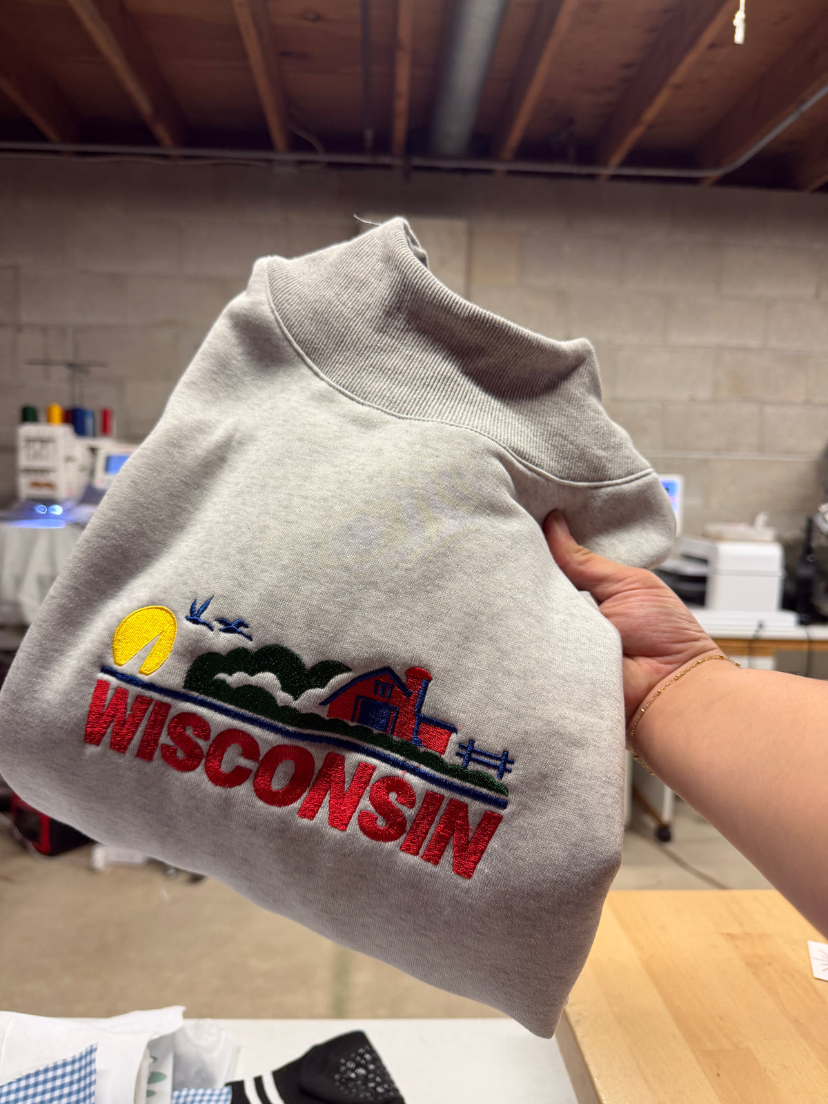 Wisconsin  license plate embroidered mock neck